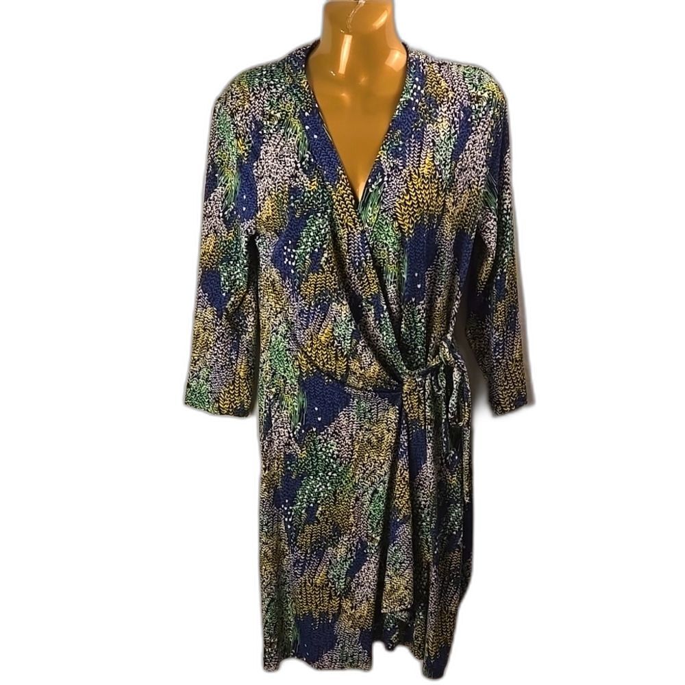 BCBG Max Azria Blue Yellow Floral Leaf Print 3/4 Sleeve Wrap Dress Stretchy Sz L